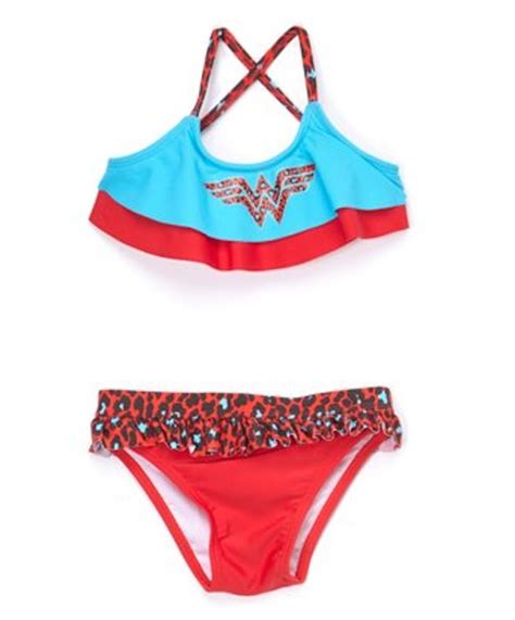 Wonder Woman Animal Print Superhero Ruffle Top Swimsuit Bikini 2 Piece