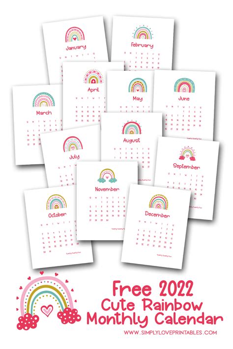 Simply Love Printables 2022 Cute Rainbow Monthly Calendar Pin Image