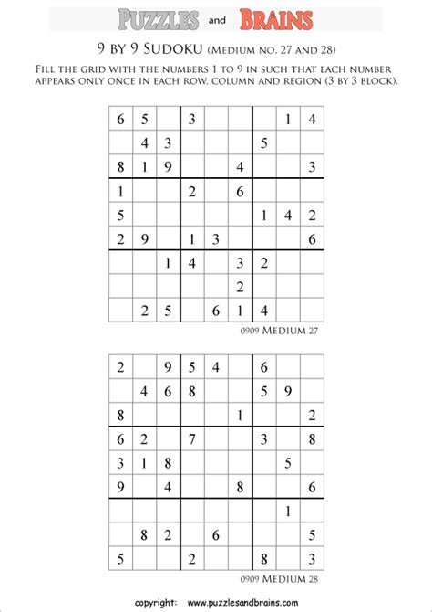 Printable Medium Level 9 By 9 Sudoku Puzzles For Kids