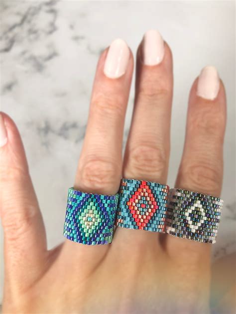 Glittery Hand Beaded Glass Seed Bead Ring Diamond Design Etsy