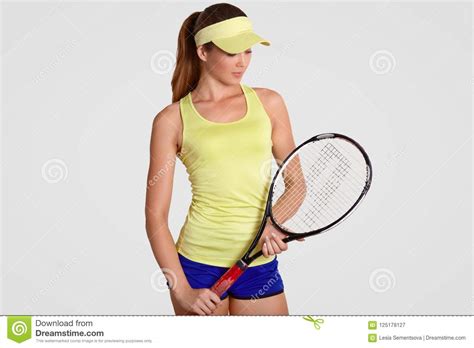 Fit Female Likes Tennis Holds Racket Dressed Casually Has Sporty