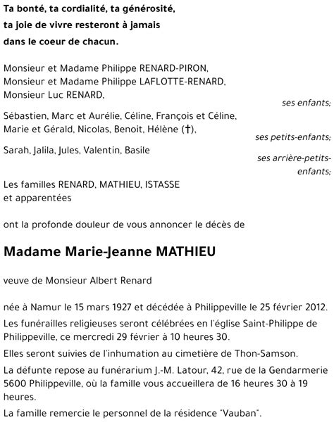Avis De Décès De Marie Jeanne Mathieu Décédé Le 25022012 à
