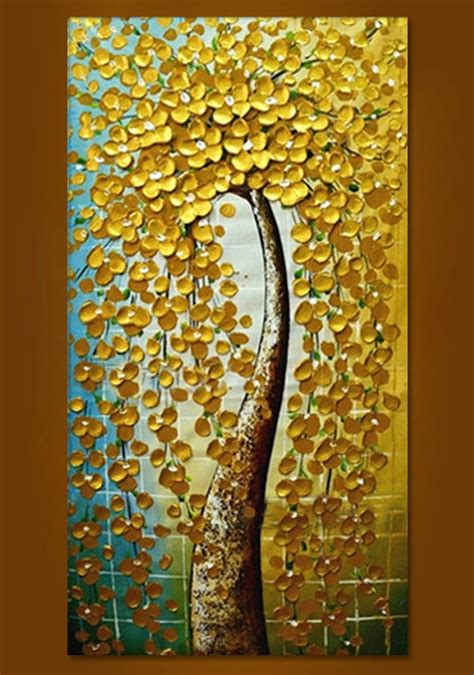 Hand Painted Modern Golden Tree Wall Art Picture For Living Room