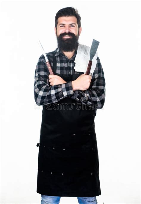 Using A Barbecue Set Confident Grill Cook Bearded Man Holding Grill Gripper Tools Stock Image