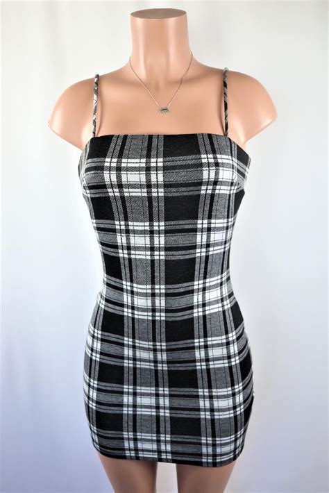 Here For The Plaid Dress Black White Square Neck Bodycon Dress