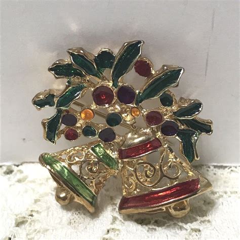 christopher radko enamel christmas brooch pin bells holly and berries goldtone christopherradko