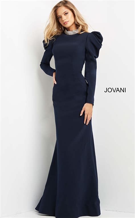 jovani 08470 navy high neck long sleeve evening dress