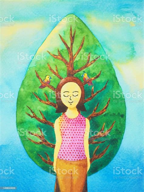 Happy Woman Find Peace Calm Still In Nature With Tree Mind Spiritual