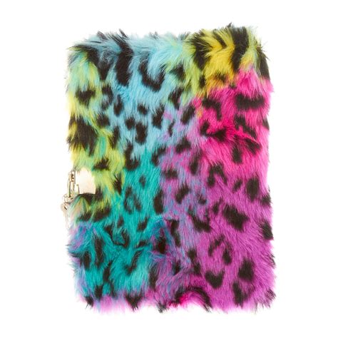 Fuzzy Rainbow Leopard Diary With Lock And Keys Claires