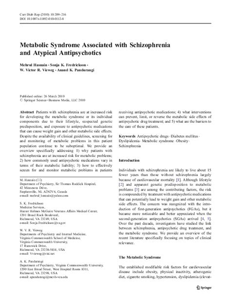 pdf metabolic syndrome associated with schizophrenia and atypical antipsychotics mehrul