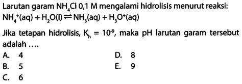Larutan Garam NH4 Cl 0 1 M Mengalami Hidrolisis Menurut R