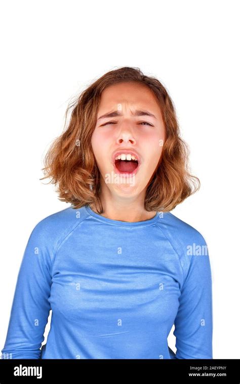 Teenager Girl In Classic Blue T Shirt Screams In Pain With Her Mouth