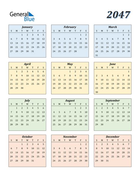 2047 Calendar Pdf Word Excel