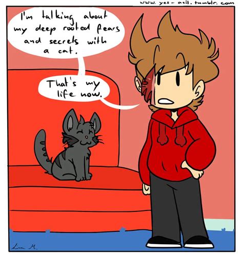 A Comic Strip With An Image Of A Person And A Cat In Front Of A Red Couch
