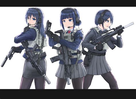 Safebooru 3girls Absurdres Acog Assault Rifle Blue Hair Bulletproof Vest Commentary Request D