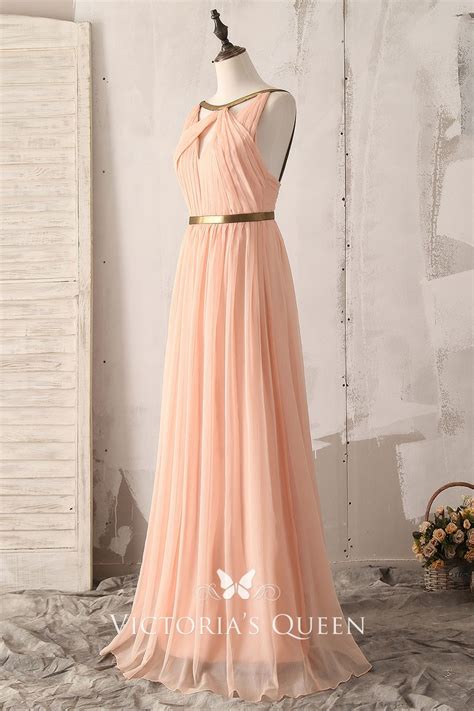 Pleated Peach Chiffon Strappy A Line Bridesmaid Dress Vq