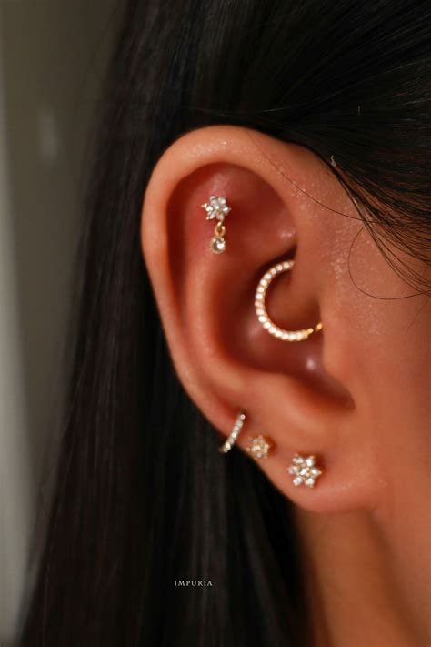 Classy Multiple Daith Flat Ear Piercing Ideas Flower Earring Studs