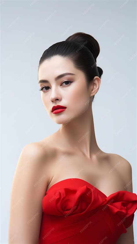 Premium Ai Image Portrait Of A Japanese Model In A Red Strapless Gown With Choker In A Clean