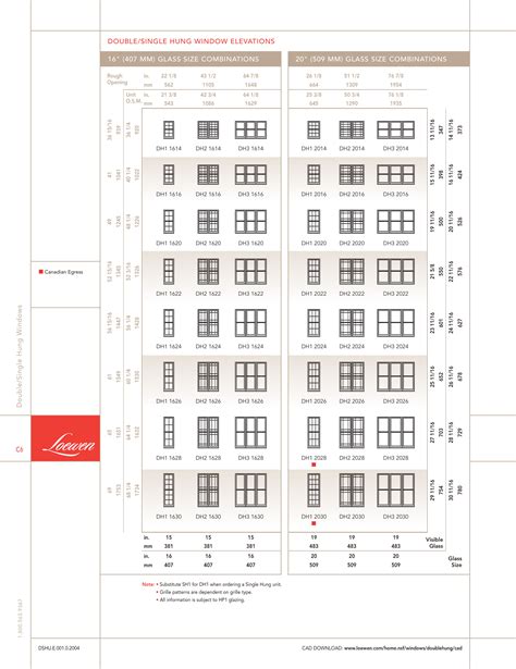 Andersen 100 Series Single Hung Size Chart