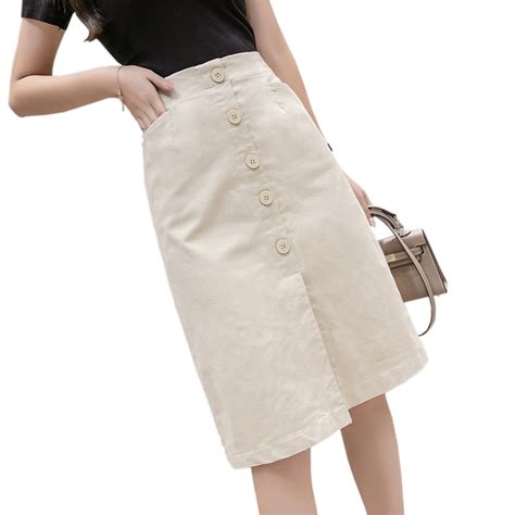High Waist Womens Skirt White Black Apricot Solid Button Pocket Female Casual Skirts Lady Slim