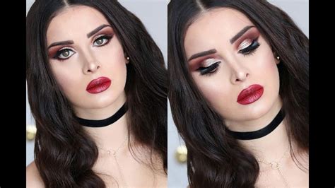 Pin On Gold Glitter Brown Eye Makeup With Red Lips