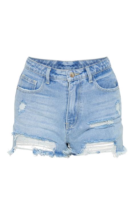 Plt Light Blue Wash Ripped Denim Shorts Prettylittlething Aus