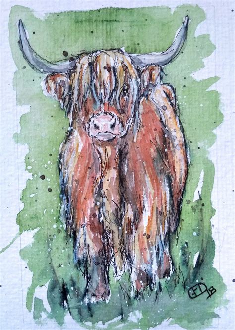 Highland Cow Original Painting In Watercolour And Pen One Off Etsy