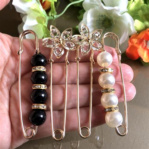 Set Of 4 Large Safety Pins Pearl Brooch Pin Vintage Jewelry Etsy