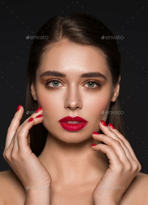 Fashion Model Woman Make Up Red Lips Beauty Female Black Background