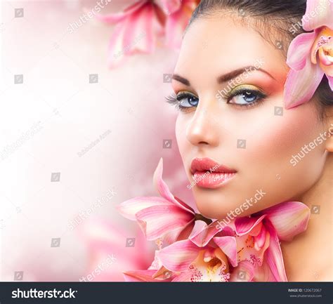 Beautiful Girl Orchid Flowersbeauty Model Woman Stock