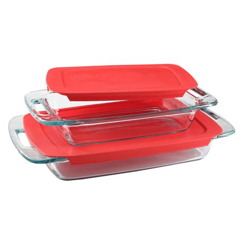 Easy Grab 4 Piece Rectangular Glass Bakeware Set With Red Lids Pyrex