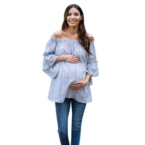 muqgew pregnant women nursing t shirt maternity stripe off shoulder blouse tops clothes in