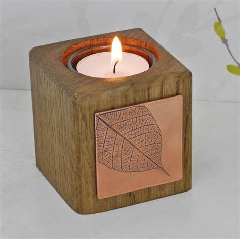 Handmade Wooden Tealight Holder With Copper Leaf By Louise Mary Designs