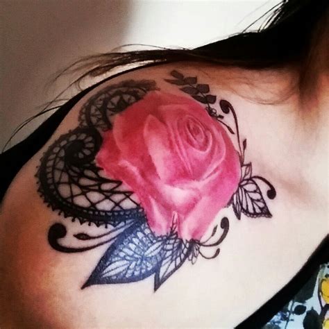 Pink Photo Real Rose With Black Lace Shoulder Tattoo Tatouage
