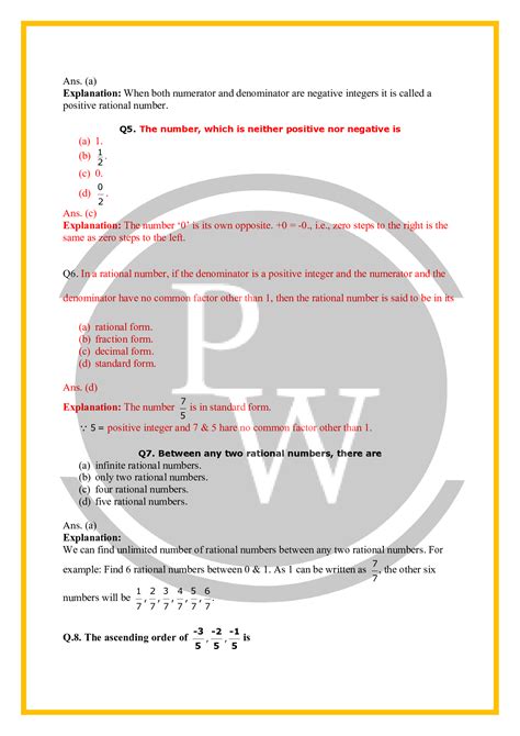 Cbse Class 7 Maths Worksheet For Chapter 9 Rational Numbers Pw