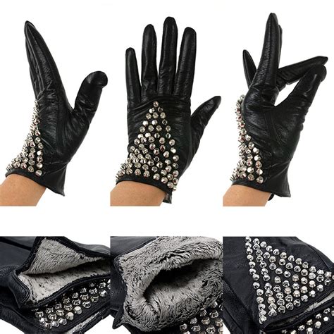Womens Winter Genuine Leather Gloves Studded Dress Rocker
