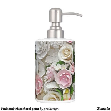 Pink And White Floral Print Soap Dispenser And Toothbrush Holder