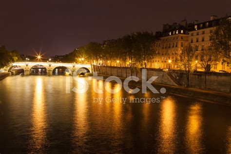 Night Photo La Seine River And Pont Marie Bridge Paris Stock Photo