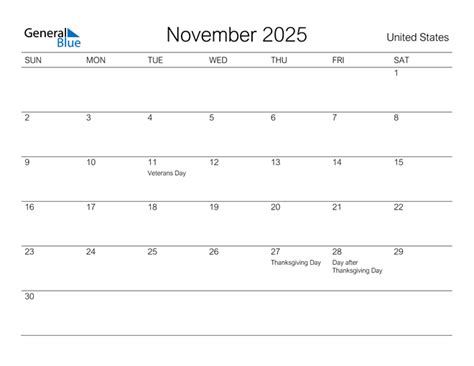 November 2025 Calendar With United States Holidays