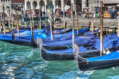 Blue Gondolas By San Marco Shore In Venice Editorial Stock Photo
