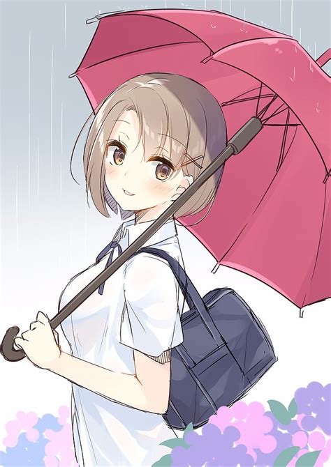 Hd Wallpaper Anime Anime Girls Umbrella Short Hair Rain One
