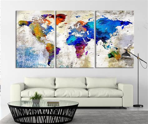 53868 Modern 3 Panel Large Watercolor World Map Canvas Print Ready To