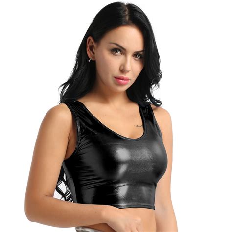 Sexy Womens Pu Leather Metallic Wet Look Sleeveless Tank Tops Clubwear Crop Top Ebay