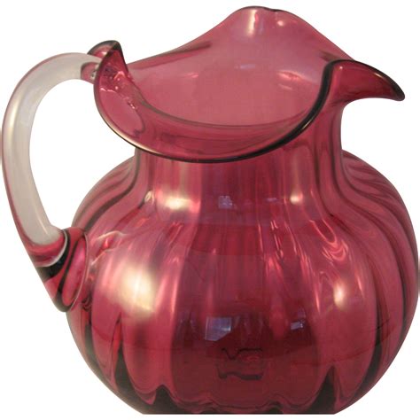 Rare Large Paneled Pilgrim Glass Cranberry Water Pitcher With Attached From The7hillscollector