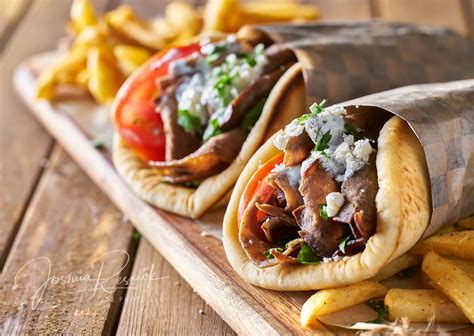 Two Greek Gyros With Shaved Lamb And French Fries Food Gyros Greek