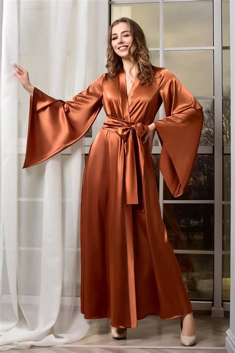 Long Kimono Robe For Bride Terracotta Satin Bridal Robe Floor Etsy Australia