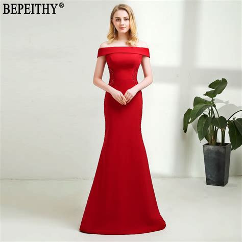 Bepeithy Vestido De Festa Sexy New Design Boat Neck Red Prom Partygown Long Mermaid Off The