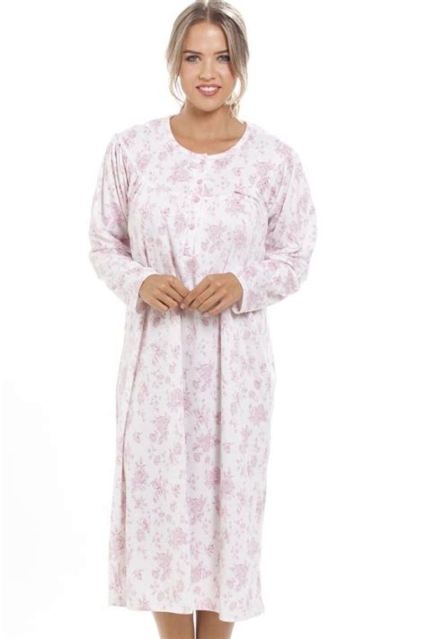 Classic Pink Floral Print Long Sleeve White Nightdress