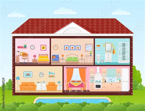 House Inside Interior Vector Home Cross Section With Rooms Bedroom