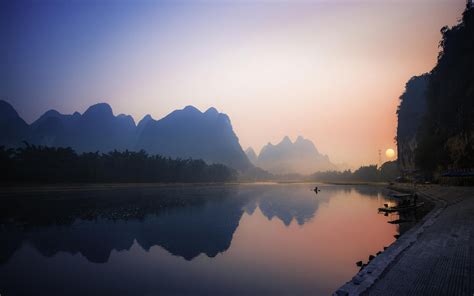 Nature Landscape Reflection River Mountain Sunrise Mist China Palm Trees Boat Water